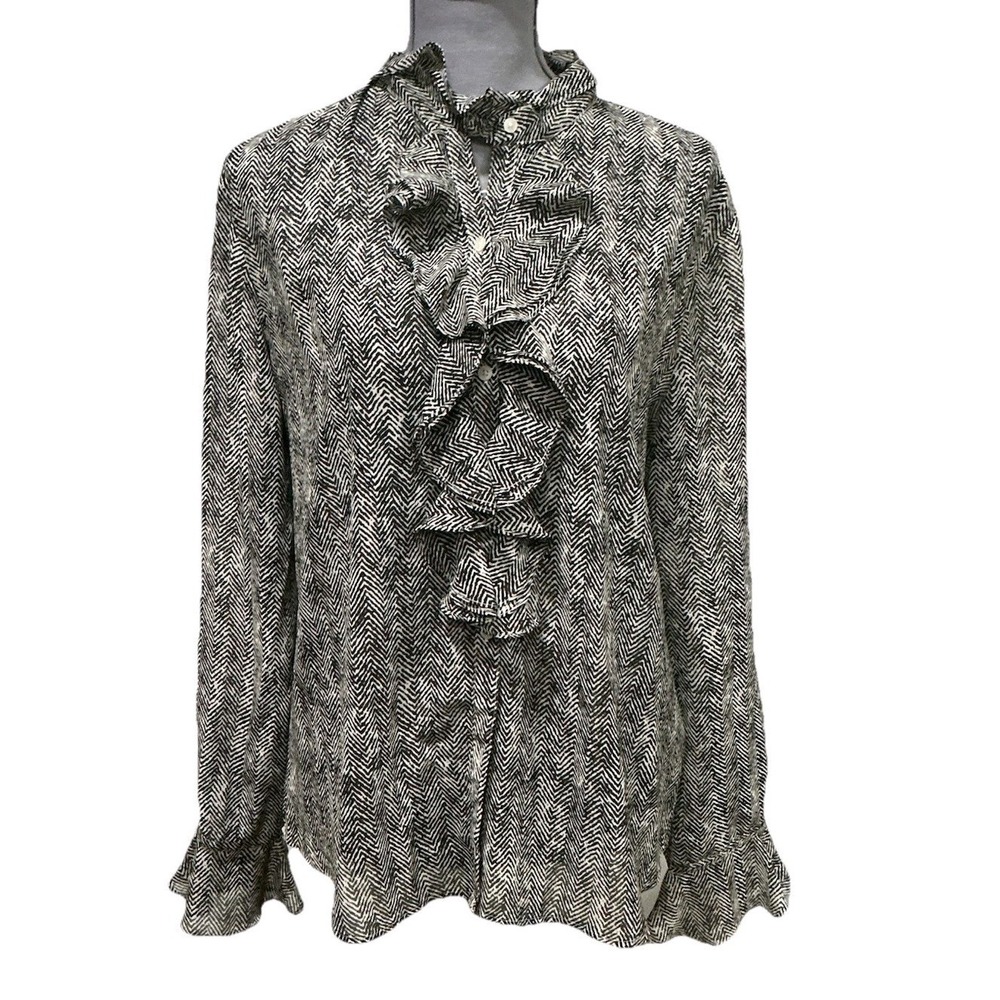 Chaps Denim Ruffle Neck Semi Sheer Herringbone Pattern Bell Sleeve Women Small
